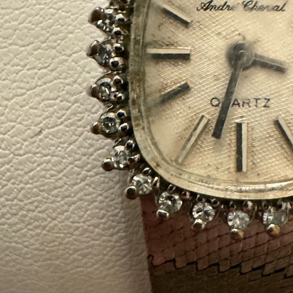 Vintage White Gold & Stainless Andre Cheval Ladies 28 Diamond Face Ladies Watch - Picture 4 of 10